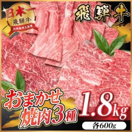 飛騨牛　おまかせ焼肉3種セット約1.8kg(各約600g)訳あり　BBQ　上カルビ・ロースなど【配送不可地域：離島】【1739044】