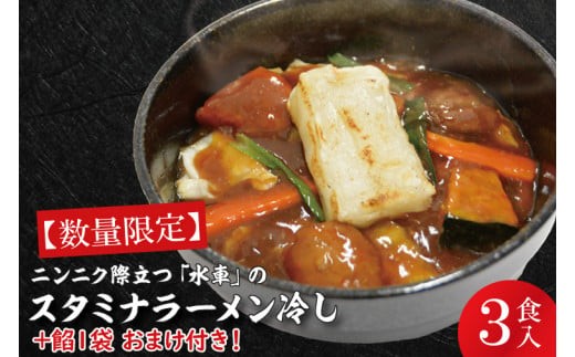 
                  【日時指定必須】日曜朝のTVで紹介されました！ニンニク際立つ「水車」のスタミナラーメン冷し（３食入り）【数量限定】+餡１袋 おまけ付き！【ラーメン 麺 スタミナ ラーメン 冷やし ご当地ラーメン ご当地グルメ 茨城県 水戸市】（FF-4）
                