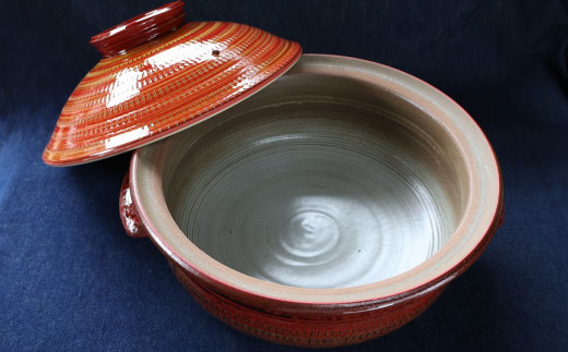 H45-S 小石原焼紅飛鉋土鍋5人～7人用（Lサイズ）直径約30cm