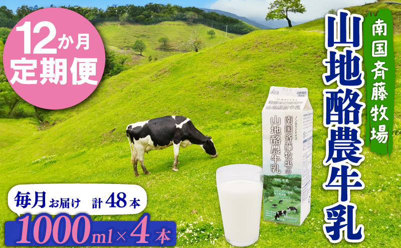 【12か月定期便】山地酪農牛乳1L×4本【バターができる 低温殺菌 生乳100％ 成分無調整牛乳 ノンホモジナイズ製法 お菓子作り ぎゅうにゅう ミルク 南国斉藤牧場 高知県 南国市】