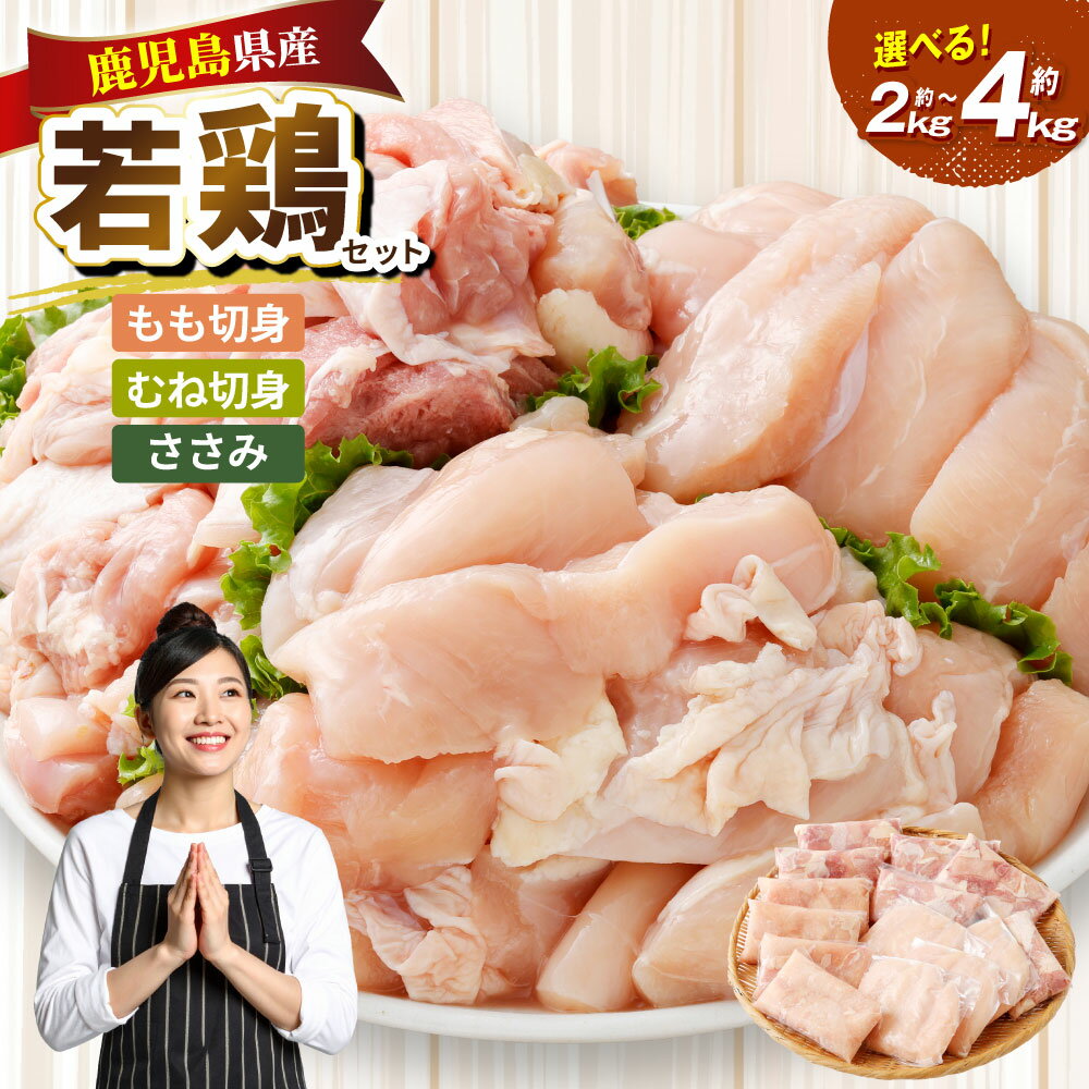 【ふるさと納税】鹿児島県産 若鶏 セット 【選べる容量】 ( 約2kg / 約4kg ) 若鶏 もも肉 モモ肉 むね肉 カット ささみ 焼肉 小分け 鶏肉 新鮮 モモ ムネ ささ身 肉 唐揚げ からあげ チキン南蛮 揚物 冷凍 鹿児島県 薩摩川内市 送料無料