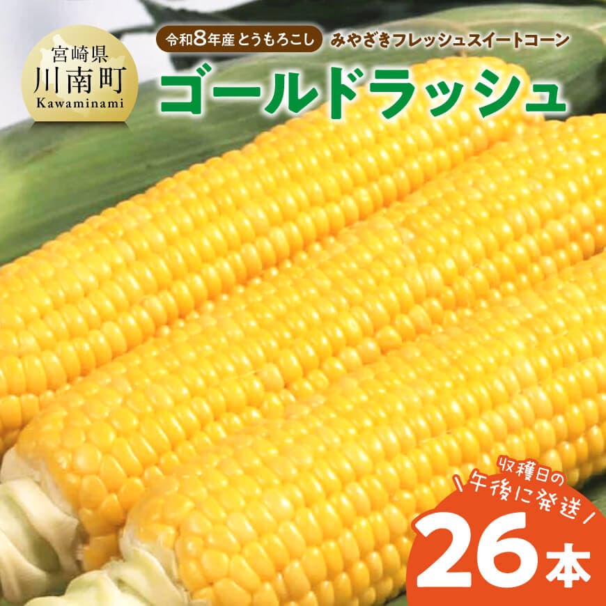 【令和8年発送】　宮崎県産とうもろこし　みやざきフレッシュスイートコーン「ゴールドラッシュ」26本 新鮮 朝どれ 農家直送 トウモロコシ 産地直送 期間限定 数量限定 真空予冷 JA