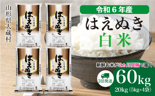 ＜令和6年産米＞ 山形県産 はえぬき 【白米】60kg定期便(20kg×3回)　配送時期指定できます！