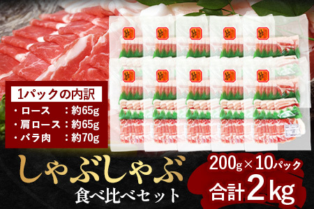 鹿児島県産 ひかり麦豚 しゃぶしゃぶ 食べ比べセット 2kg （200g×10パック） トレーなし 冷凍 | 肉 お肉 にく 豚肉 黒豚 かごしま黒豚 ロース 肩ロース バラ肉 スライス 冷凍 真空冷