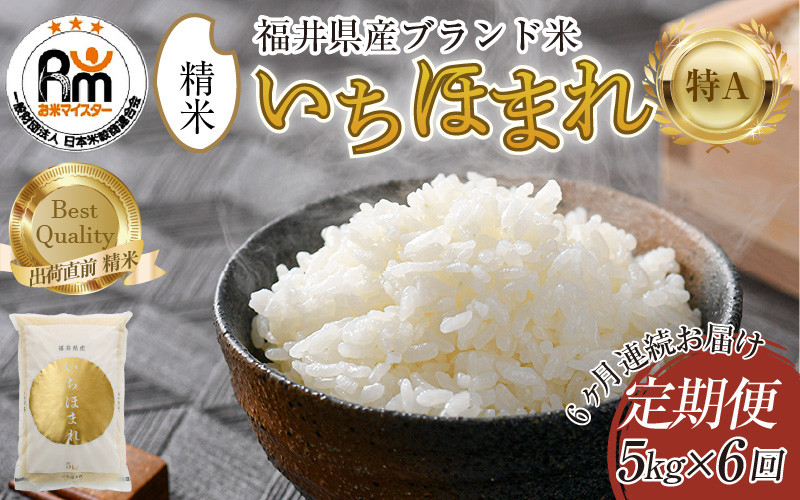 
                  【令和8年産】定期便6回 いちほまれ 精米 5kg×6回（計30kg）《お米マイスターが発送直前に精米！》 ／ 福井県産 ブランド米 ご飯 白米 新鮮 [aw064-g005]
                
