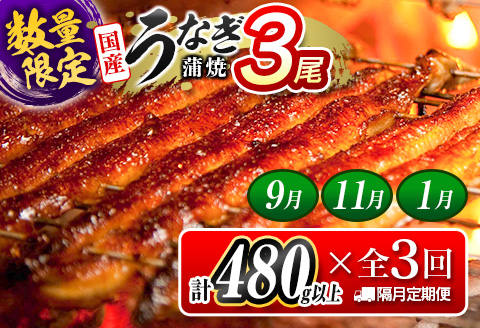 ＜数量限定!!＞うなぎ 定期便 国産 鰻 蒲焼 3尾セット 全3回 隔月定期便（9月、11月、1月お届け）合計1.4kg以上 魚介 贈答品 ギフト ウナギ 期間限定 鰻楽【E267-091101】 全