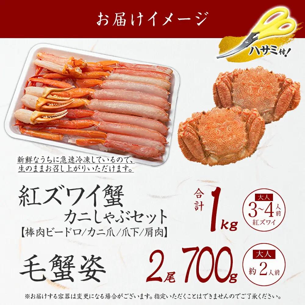 紅ズワイ 蟹しゃぶ ビードロ 1kg 毛蟹 2尾 計700g前後 専用ハサミ・ガイド付き 紅ずわい 毛ガニ 蟹 カニ しゃぶしゃぶ 鍋 海鮮 送料無料 北海道 弟子屈町 3425
