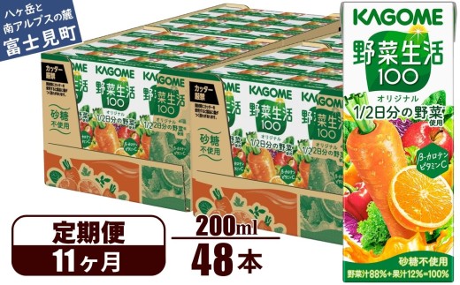 【定期便 11ヶ月】 カゴメ 野菜生活100 オリジナル 200ml 48本×11回 【 野菜ジュース 紙パック 定期便 1食分の野菜 砂糖不使用 オレンジ にんじん ニンジン 野菜生活 野菜生活オリジナル ジュース 飲料類 ドリンク 野菜ドリンク 備蓄 長期保存 防災 飲みもの かごめ kagome KAGOME 長野県 富士見町 】
