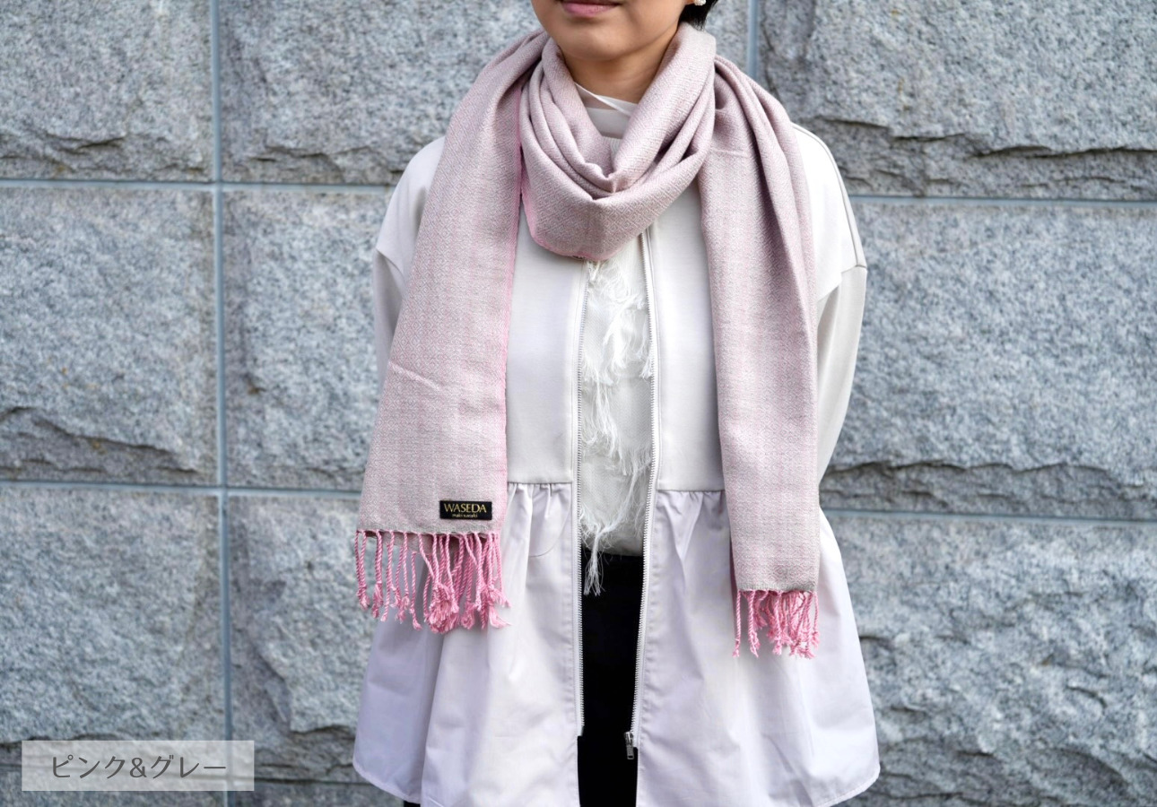 【makixmaki】ハンドメイド上質コットン ジャガード織ストール（フェアトレード） ピンク&グレー
