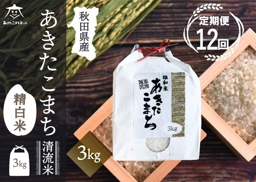 《定期便12ヶ月》あきたこまち 清流米 3kg【白米】 秋田市雄和産 [秋田県産 あきたこまち お米 精米 定期便 3kg 3キロ]