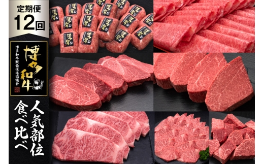 肉 博多和牛 人気部位 食べ比べ 12回 定期便 牛肉 [久田精肉店 福岡県 宇美町 um40bsi440056] 牛肉 和牛 国産 うし お肉 ステーキ 焼肉 赤身 小分け スライス シャトーブリアン ヒレ ロース ハンバーグ 冷凍