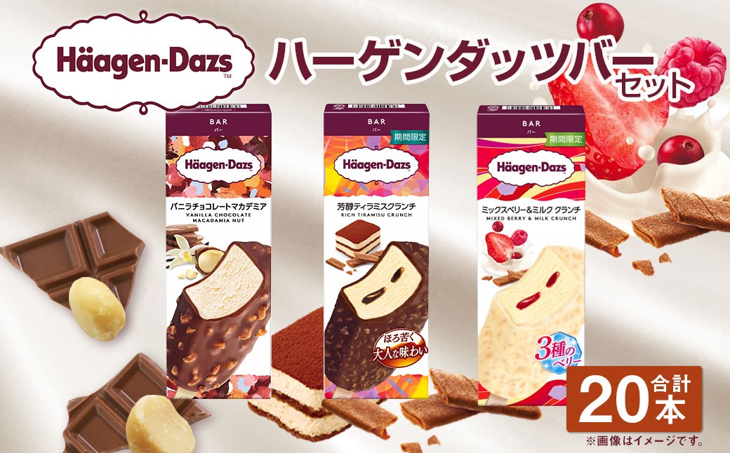 
            ハーゲンダッツバー 20本セット （バニラチョコレートマカデミア×8本、芳醇ティラミスクランチ×6本、ミックスベリー&ミルククランチ×6本） ハーゲンダッツ バニラ チョコレート マカデミア ティラミス クランチ ミックスベリー&ミルククランチ バー 詰合せ セット アイス アイスクリーム ギフト 愛媛県 【えひめの町（超）推し！（松前町）】（719-1）
          