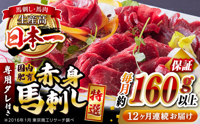 【全12回定期便】国内肥育 特選赤身 約160g以上保証 専用タレ付き 熊本 山都町 冷凍 馬肉 馬刺 ヘルシー 小分け【有限会社 丸重ミート】[YAK044]