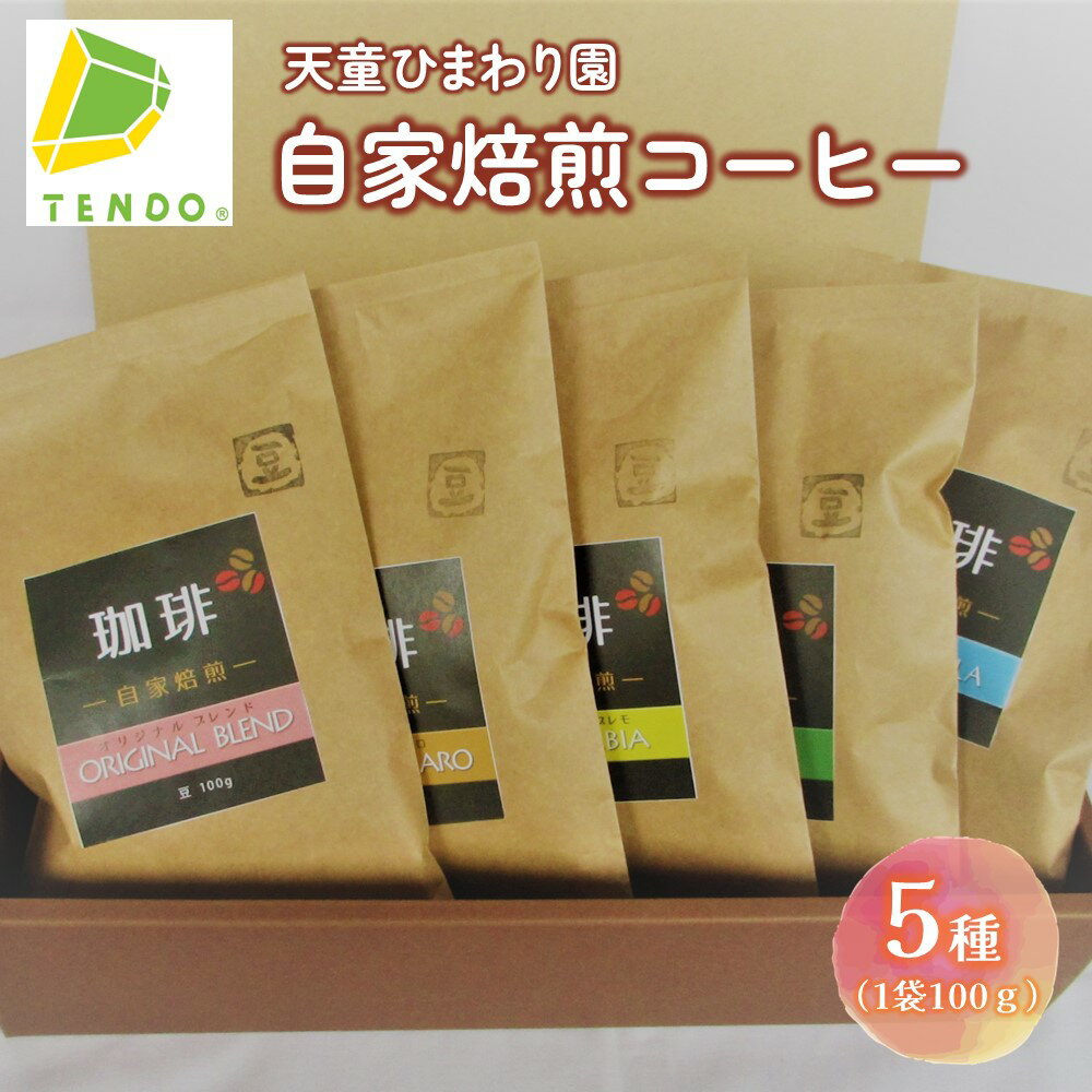 【ふるさと納税】 天童ひまわり園 自家焙煎 コーヒー 5種類セット 支援品 珈琲 コーヒー豆 セット 飲料 ブレンド キリマンジャロ コロンビア ブラジル グァテマラ 100g × 5種類 お取り寄せ ご家庭用 プレゼント 送料無料 天童ひまわり園 【 山形県 天童市 】