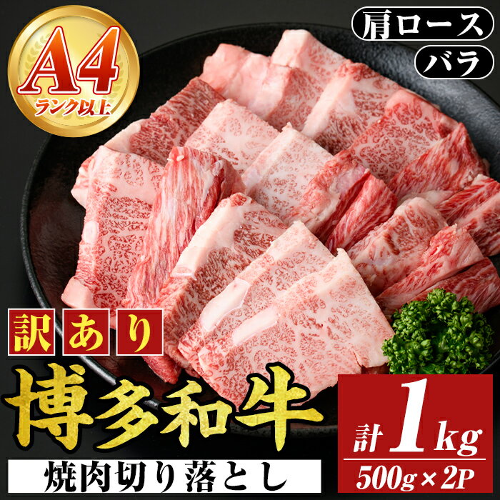 【ふるさと納税】＜訳あり＞【A4〜A5】博多和牛焼肉切り落とし(肩ロース・バラ) (合計1kg・500g×2P) 国産 九州産 福岡県産 牛肉 和牛 黒毛和牛 ヤキニク やきにく 焼き肉 お肉【MEAT PLUS】
