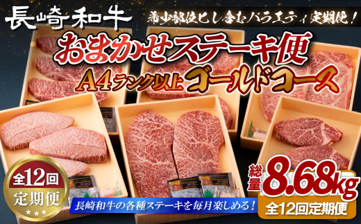 B404 【ヒレ含む！全12回定期便】長崎和牛 おまかせステーキ便 総計8.68kg ゴールドコース 希少部位ステーキ多数 ヒレ フィレ ランプ イチボ ミスジ サーロイン A4等級以上に厳選【田中精肉店】
