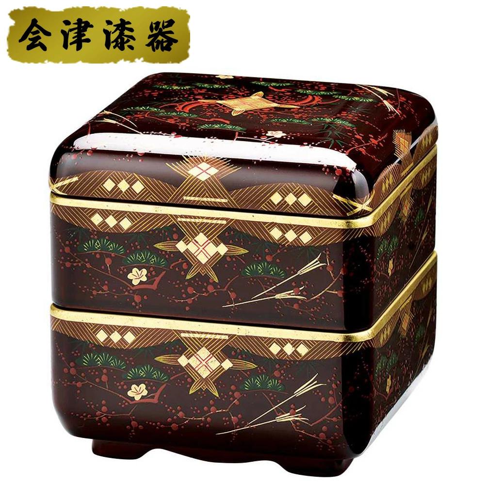 4.0緑型二段重 溜内朱 会津絵松竹梅｜会津若松 漆器 特産品 [0532]