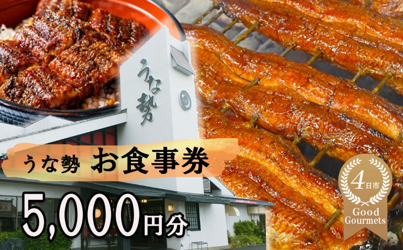 
            行列のできる人気店のうなぎ　うな勢食事券 5,000円分（500円×10枚）うな勢【 国産 うなぎ 鰻 ウナギ 蒲焼き 蒲焼 たれ タレ コシヒカリ 伊賀米 お食事券 ギフト券 プレゼント 三重県県 四日市市】
          