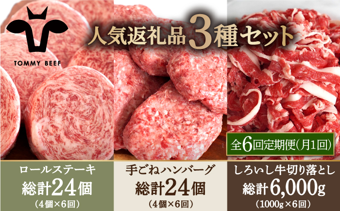 
【牧場直送】【6回定期便】人気返礼品詰め合わせ！牛肉100%ふんわりロールステーキ 4個＆手ごねハンバーグ 4個＆しろいし牛 切り落とし 1000g【有限会社佐賀セントラル牧場】 [IAH186]
