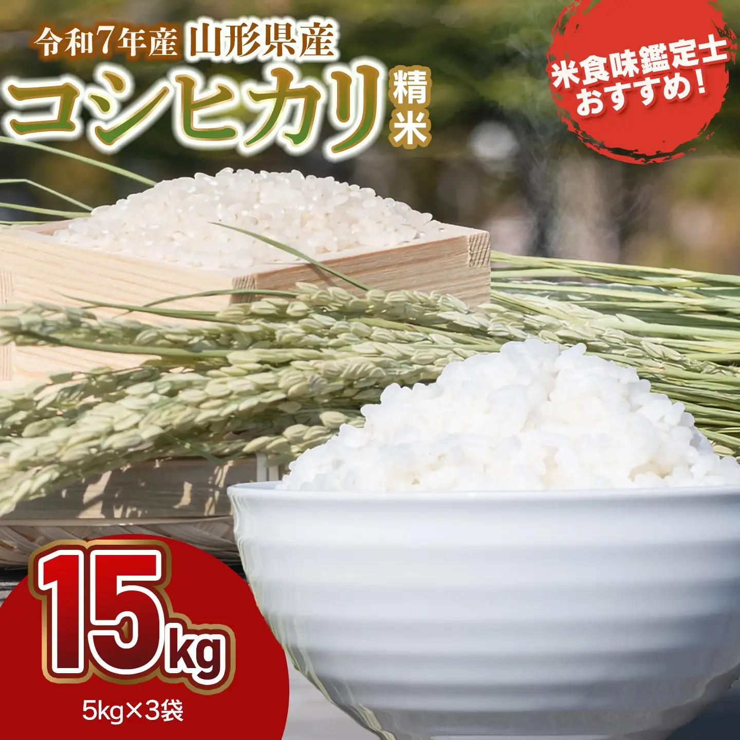 【令和7年産】 コシヒカリ 精米 15kg (5kg×3袋)　山形県産　米食味鑑定士お薦め　| こしひかり 15キロ 米 お米 コメ 白米 食品 ご飯 ごはん 美味しい おいしい ブランド米 おすすめ 人気 山形県 鶴岡市 東北 国産 お取り寄せ 返礼品