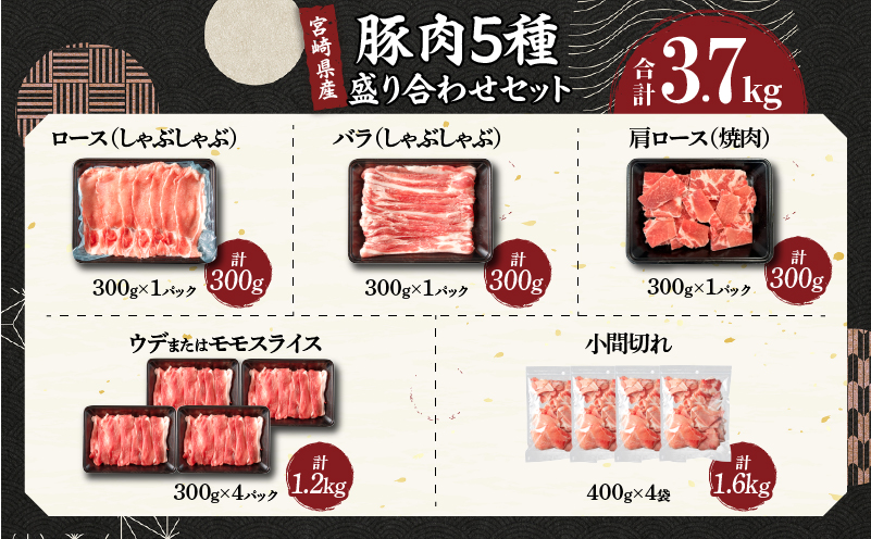 【令和8年9月配送】数量限定 豚肉 5種 盛り合わせ セット 合計3.7kg 豚 肉 小分け 焼肉 しゃぶしゃぶ 豚バラ ロース 赤身 こま切れ スライス 宮崎県産 国産 食品 豚丼 豚しゃぶ おかず 小間切れ 真空パック 食べ比べ おすすめ 料理に大活躍 ミヤチク 選べる 宮崎県 日南市 送料無料_CB119-26-09