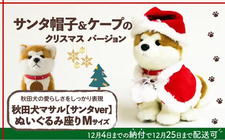 80P7310 【サンタver】秋田犬マサルぬいぐるみ座りMサイズ【秋田犬保存会】