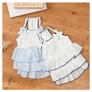 冷感素材ギンガムフリルキャミソール  ホワイト×サックス  涼感 ドッグウェア 【ココアトワ(cocoAtoi)】 Ｓ