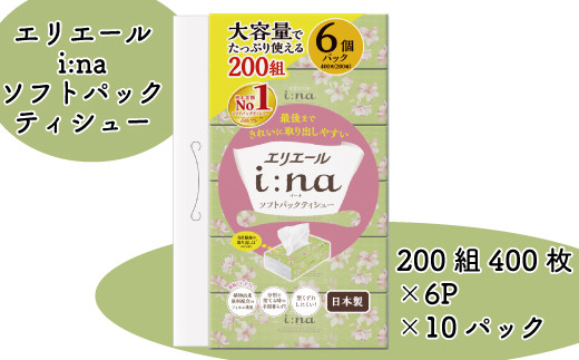 エリエール i:na（イーナ） ティッシュー ペーパー ソフトパック 60パック 6パック × 10 200組 パルプ100% やわらか ティッシュペーパー 箱なし エコ 持ち運び 車内 お出かけ 日用品 消耗品 新生活 備蓄 防災 送料無料 愛媛県 【四国中央市 日本一 紙のまち】