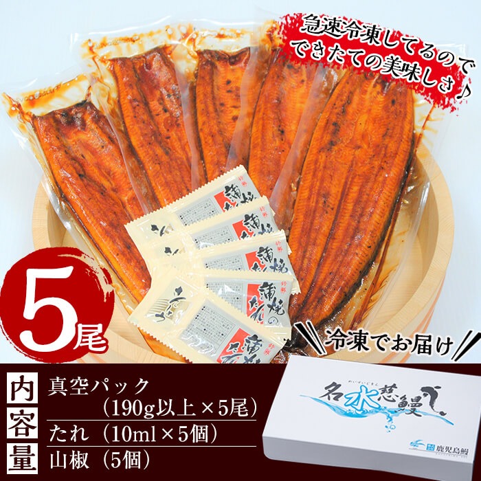 鹿児島県産うなぎ蒲焼 名水慈鰻 特大5尾(1尾190g以上)＜計950g以上＞ うなぎ 鰻 ウナギ 5尾 国産 九州産 蒲焼き かばやき 冷凍 うな重 ひつまぶし タレ 山椒 ランキング 人気 c5-