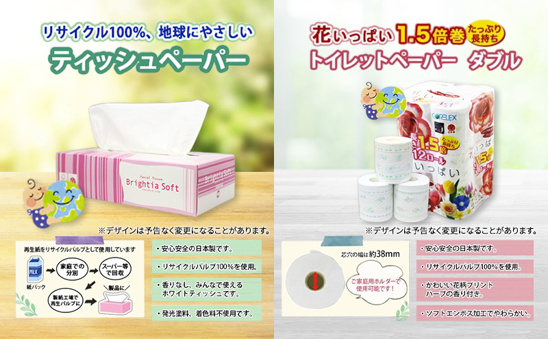 定期便 全9回 長持ち 1.5倍巻き 花いっぱい トイレットペーパー ダブル 45ｍ 48ロール & ブライティア ソフト ボックスティッシュ 200組 400枚 15箱  全18種 花柄 プリント 香り付き 日本製 まとめ買い 防災 常備品 消耗品 備蓄 北海道