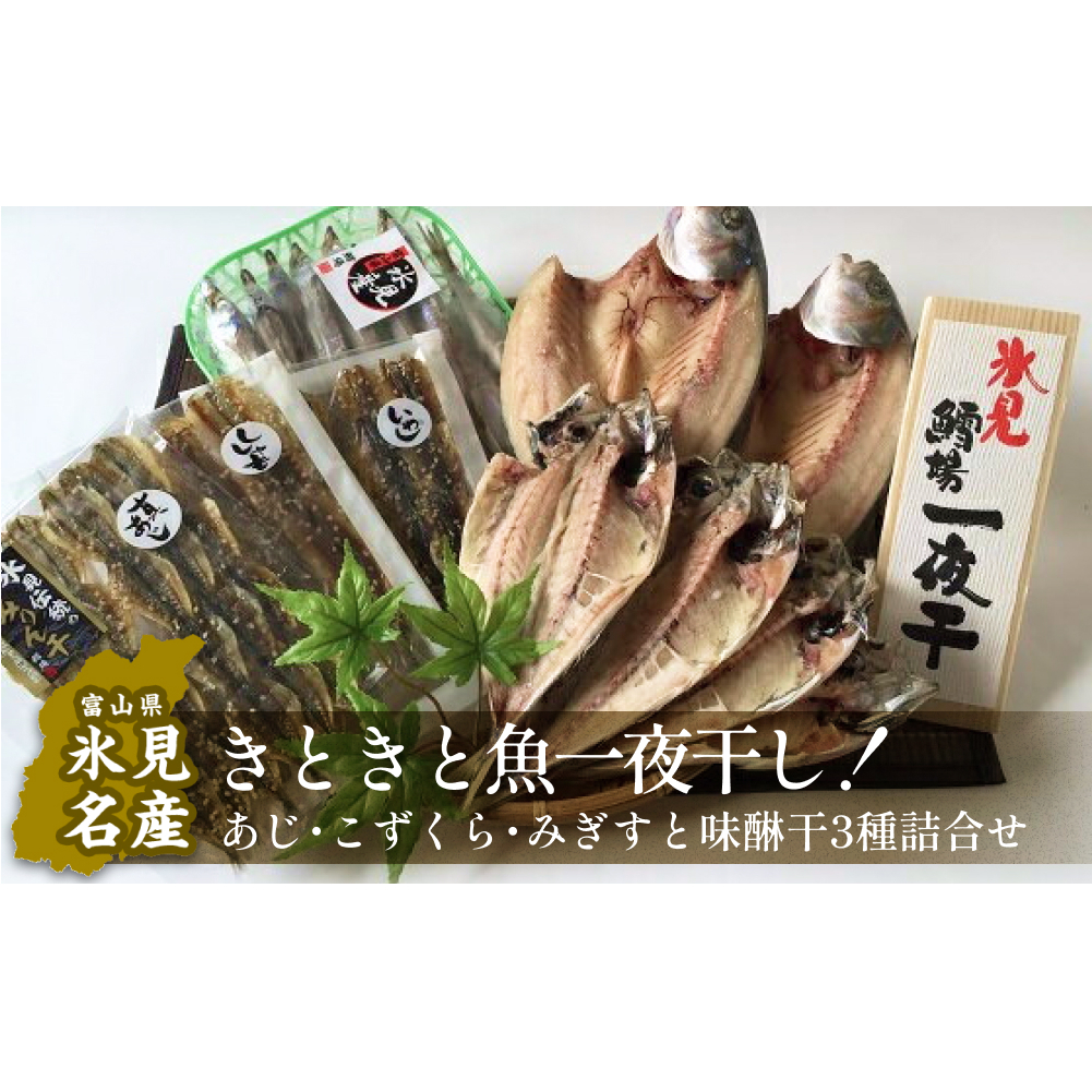 氷見産きときと魚一夜干し！あじ・こずくら・みぎすと味醂干3種詰合せ　【アジ・イワシ・魚貝類・干物・ししゃも・シシャモ】