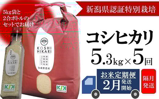 
            【定期便・2月～発送】コシヒカリ 白米 5kg（ペットボトル米 300g 1本付き）×隔月5回 （計 26.5kg）重ちゃんのお米[Y0250]
          