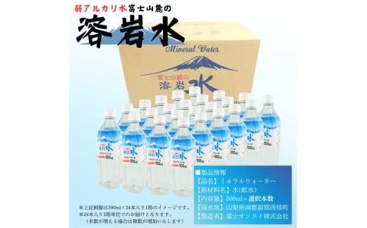 弱アルカリ水 富士山麓の溶岩水500ml 24本入／ミネラルウォーター お水 軟水 飲料 飲料水 ペットボトル 生活必需品 消耗品 備蓄 防災 災害対策 人気 まろやか おいしい 選べる 送料無料 山