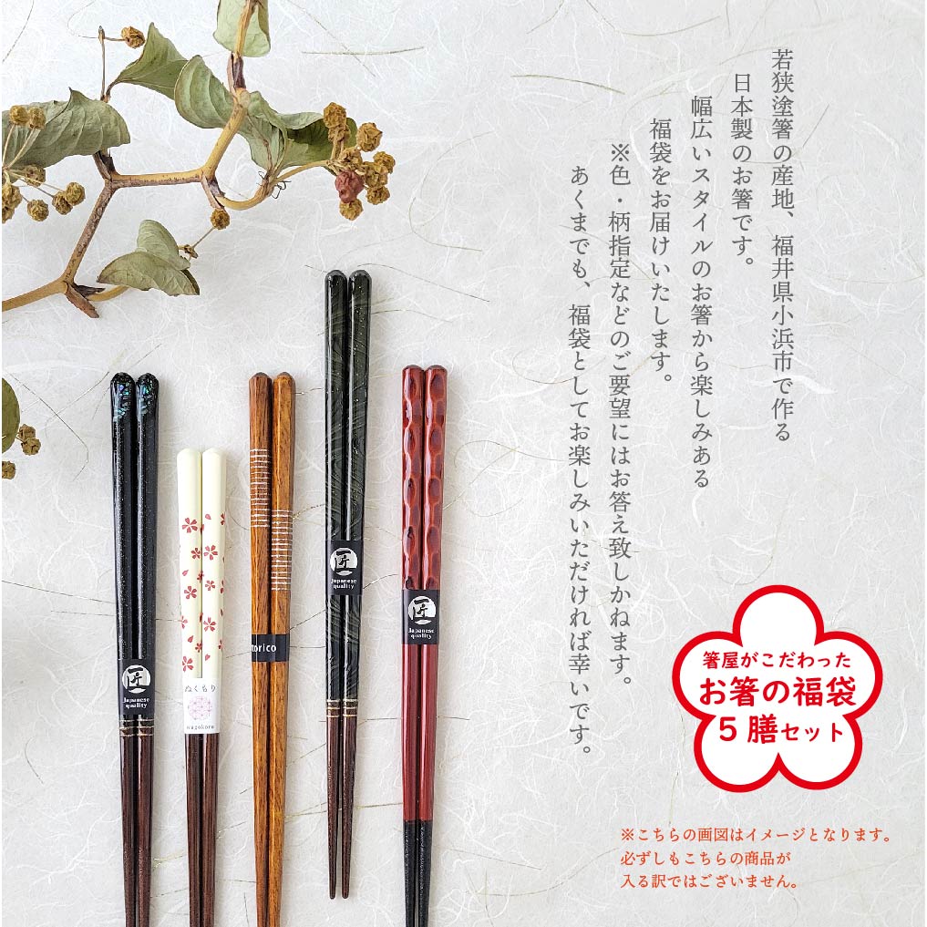 【ふるさと納税】箸屋がこだわったお箸の福袋 5膳入｜日本製 箸 伝統工芸品 日用品 食洗器 木彫り 木 若狭塗 天然 おしゃれ カラフル 新年 新しいお箸 新生活 新生活準備 5色 塗り箸 抗菌 国産 送料無料 [Y-101001]
