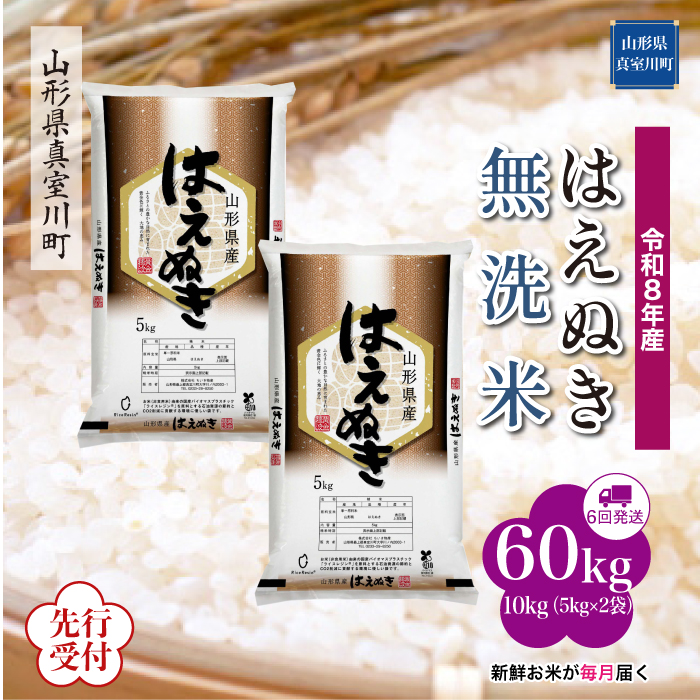 ＜令和8年産米先行受付＞ 山形県産 はえぬき 【無洗米】60kg定期便(10kg×6回)　配送時期指定できます！