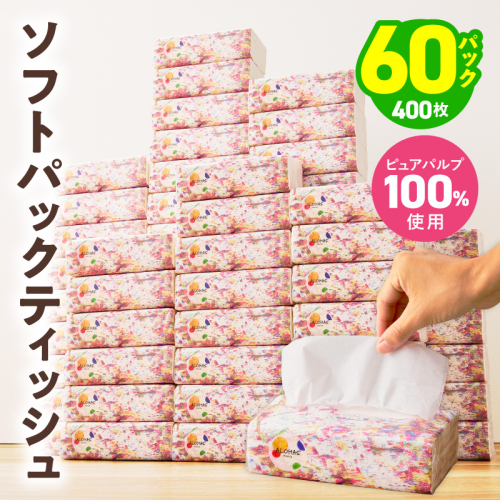 ソフトパックティッシュ 60パック×400枚 200組【ピュアパルプ100％ 高評価 人気急上昇 まとめ買い 日用品 常備品 てぃっしゅ 備蓄 防災 箱なし】 010B1754