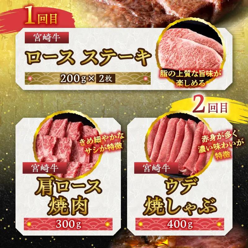 ステーキ・焼肉・焼きしゃぶ 宮崎牛食べ比べ定期便(総重量1.7kg) 牛肉 焼肉 しゃぶしゃぶ ステーキ