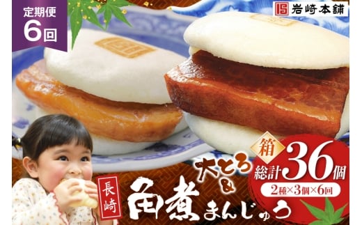 BJ065 岩崎本舗 【6回定期便】長崎自慢セット(長崎角煮まんじゅう 3個・大とろ角煮まんじゅう 3個) (箱) [長崎県 島原市]