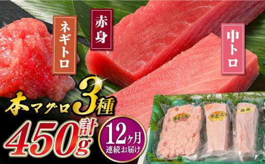 【全12回定期便】対馬産 本マグロ 3種 計450g（赤身/中トロ/ネギトロ）《対馬市》【対海】[WAH014] マグロ まぐろ 鮪 本鮪 本マグロ 養殖 トロ 中トロ 中とろ 赤身 ねぎとろ ネギトロ たたき 刺身 冷凍 海鮮 魚 柵 お祝い 贈答 定期便 毎月届く