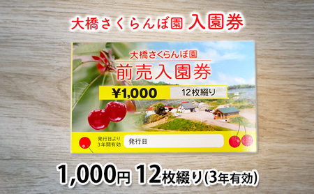 体験 北海道 芦別 大橋さくらんぼ園 入園券 1000円 12枚綴り さくらんぼ狩り