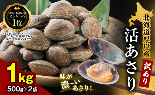 訳あり 北海道 厚岸産 砂出し済み 活あさり 500g×2 (合計1kg) 【厚岸海産】[ アサリ 魚貝 海鮮 大粒 美味しい 栄養 旨み 砂出し 水洗い 冷蔵 便利 ]