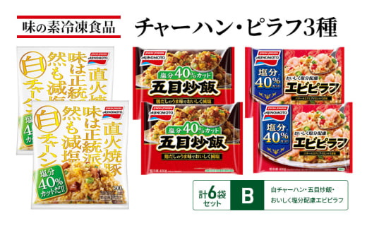 味の素冷凍食品　チャーハン・ピラフ3種　計6袋セットB 冷凍食品 炒飯 冷凍炒飯 エビピラフ 五目炒飯 惣菜 ご飯 冷凍 温めるだけ レンジ 電子レンジ 簡単 簡単料理 千葉市 千葉県 イオンリテール [№5346-1001]