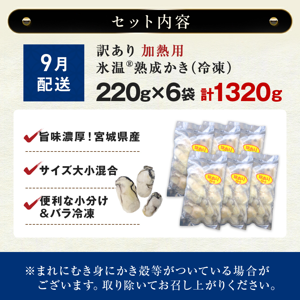 【9月配送】牡蠣 訳あり 氷温熟成 冷凍 （加熱用・サイズ不揃い） 220ｇ × 6パック 牡蠣 カキ まるたか水産