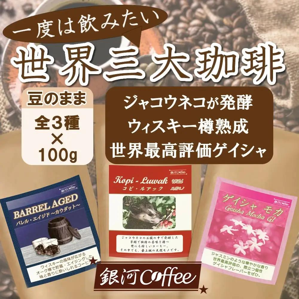 【12203-0103】生涯で飲みたい 世界３大珈琲(豆のまま)100g×3種 銀河コーヒー 