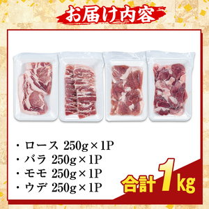 K-379-A 鹿児島県産霜降りトロ豚 焼肉用バラエティセット(合計1kg)【KNOT】霧島市 ロース バラ ウデ モモ 焼き肉 ヤキニク 豚肉 国産 鹿児島県産 肉 精肉 小分け セット 食べ比べ