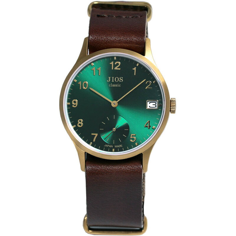 【ふるさと納税】JIOS OMI 日本製 クラシックスタイル クオーツ腕時計 メンズ レディース ウォッチ ユニセックス 男女兼用 Made in Shiga スモールセコンド ゴールド×グリーン 栃木レザー NATOベルト （ブラウン）