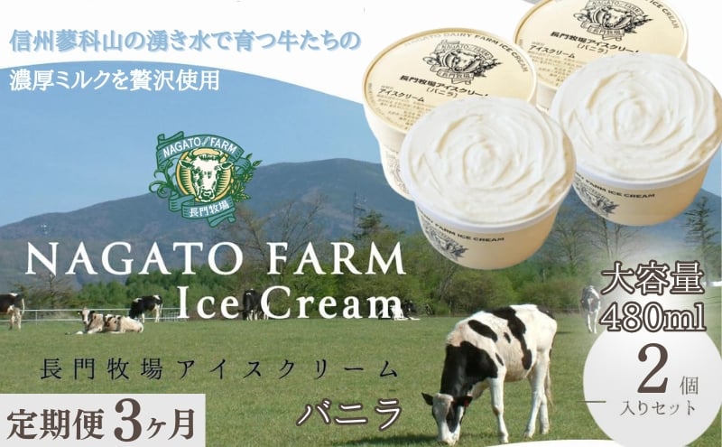 
                  【定期便】3ヵ月連続でお届け！長門牧場アイスクリーム贅沢480mlバニラ2個　人気スイーツ　濃厚ミルク　直送　牛乳　生乳　国産　夏ギフト　長野県　贈答品　お土産　お中元　お歳暮　クリスマス
                