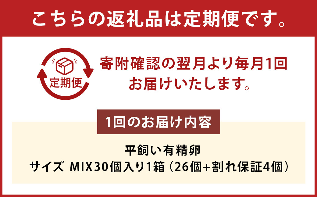 【定期便3回】【平飼い有精卵】30個入（26個+割れ保証4個）