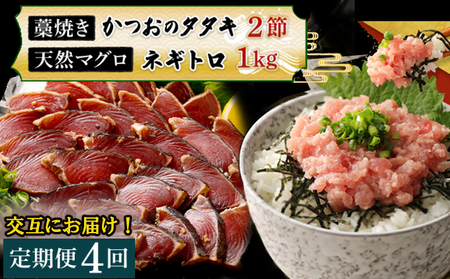 【交互定期便 / ４ヶ月連続】 土佐流藁焼きかつおのたたき２節と高豊丸ネギトロ１kg 魚介類 海産物 カツオ 鰹 わら焼き 高知 コロナ 緊急支援品 海鮮 冷凍 家庭用 訳あり 不揃い 規格外 連続 ４回 小分け 個包装 まぐろ マグロ 鮪 交互 頒布会