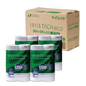0009-107-02 マスコー製紙 ソフィアタッチ エコ 芯なし トイレットペーパー ダブル 6ロール×4パック 24ロール 90m